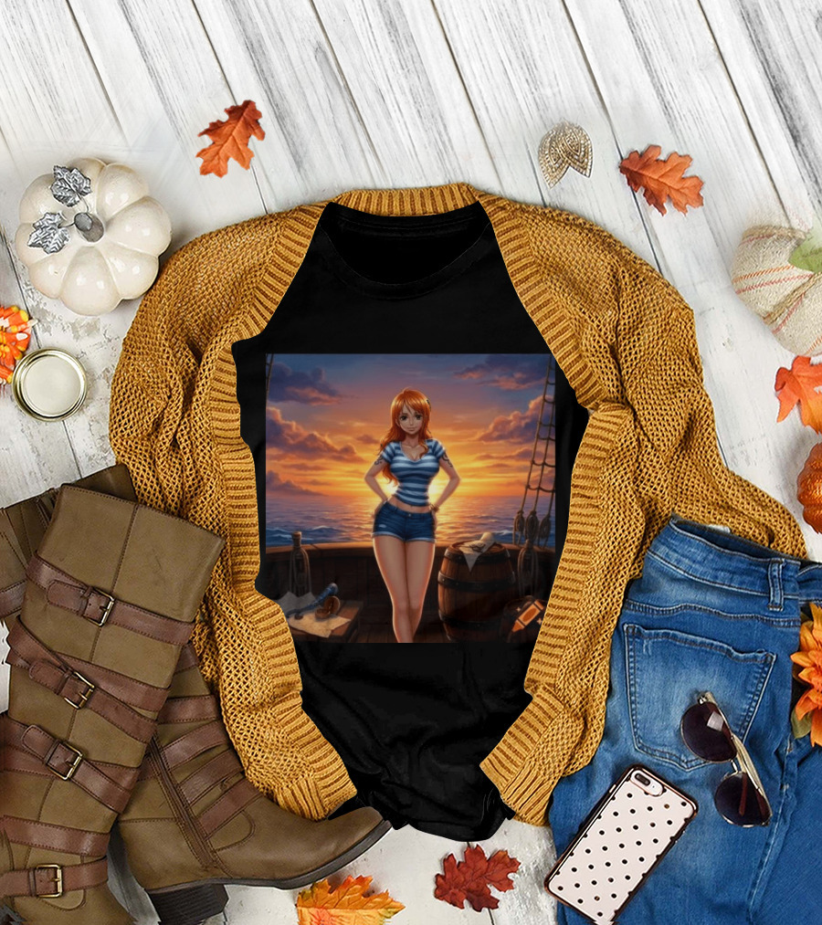 Nami One Piece Joyful Sunset Pirate Ship Ocean Scene T-Shirt