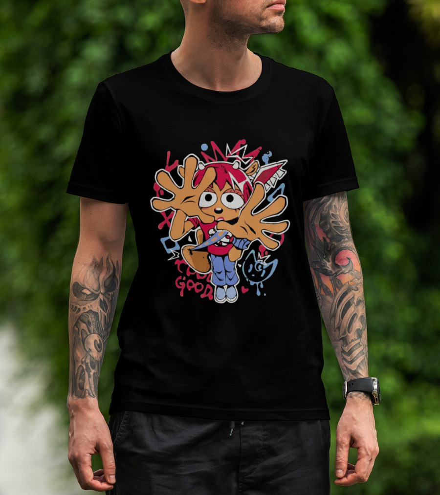 True Good Anime Distressed Graffiti Cartoon Character With Red Hair And Large Hands T-Shirt