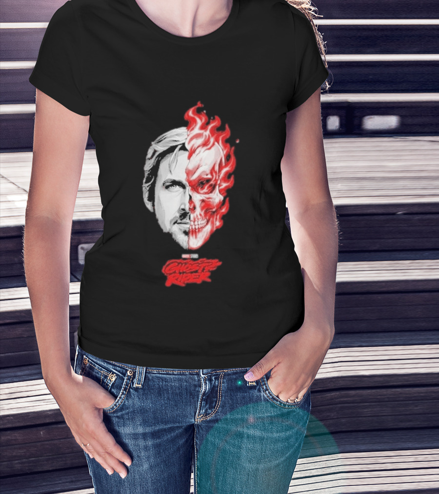 Ryan Gosling Ghost Rider 2028 Split Face Fiery Skull T-Shirt