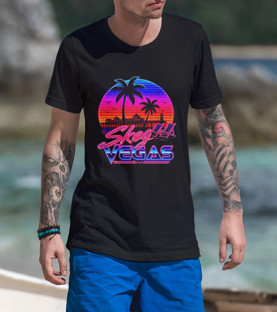Skeg Vegas Beach Pier Sunset Skegness Retro Neon T-Shirt