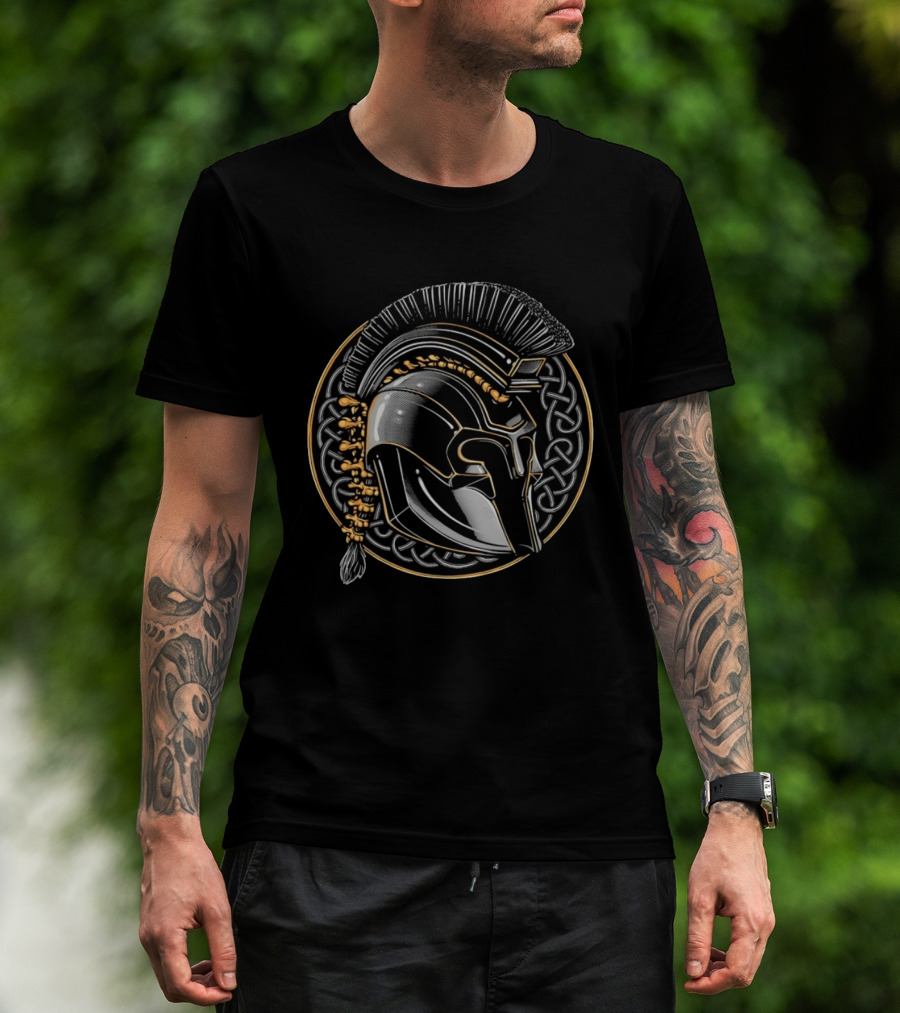 Spartan Helmet Celtic Knot Motif With Braided Spinal Column T-Shirt