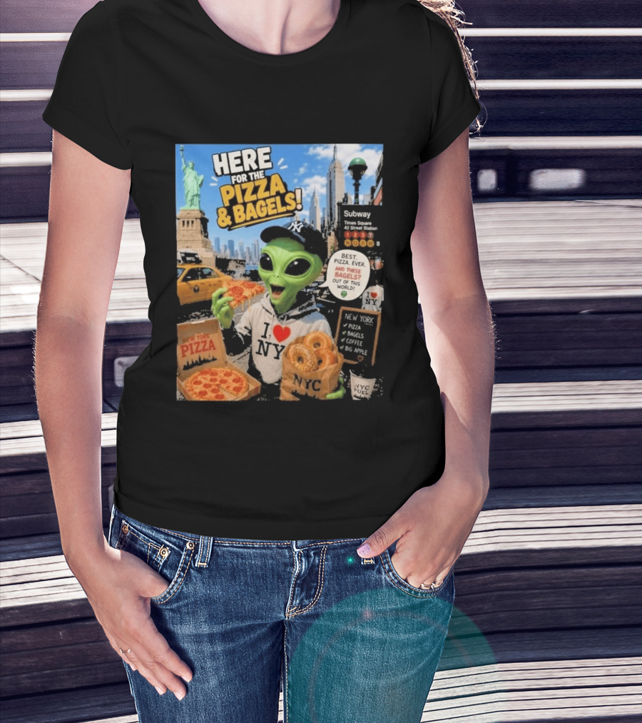 NYC Alien Loves Pizza And Bagels With Statue Of Liberty And Times Square Subway T-Shirt