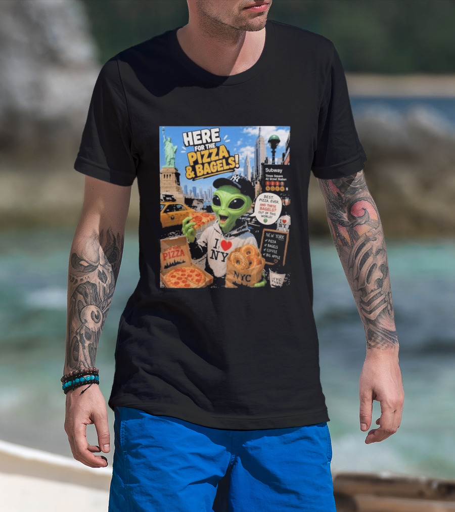 NYC Alien Loves Pizza And Bagels With Statue Of Liberty And Times Square Subway T-Shirt