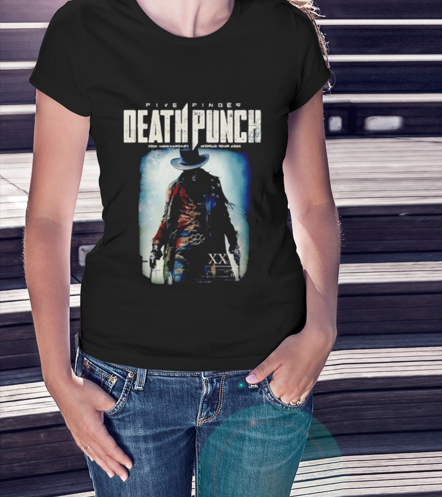 Five Finger Death Punch 20th Anniversary World Tour 2026 Cowboy Imagery With Knuckle Duster And Pistols T-Shirt