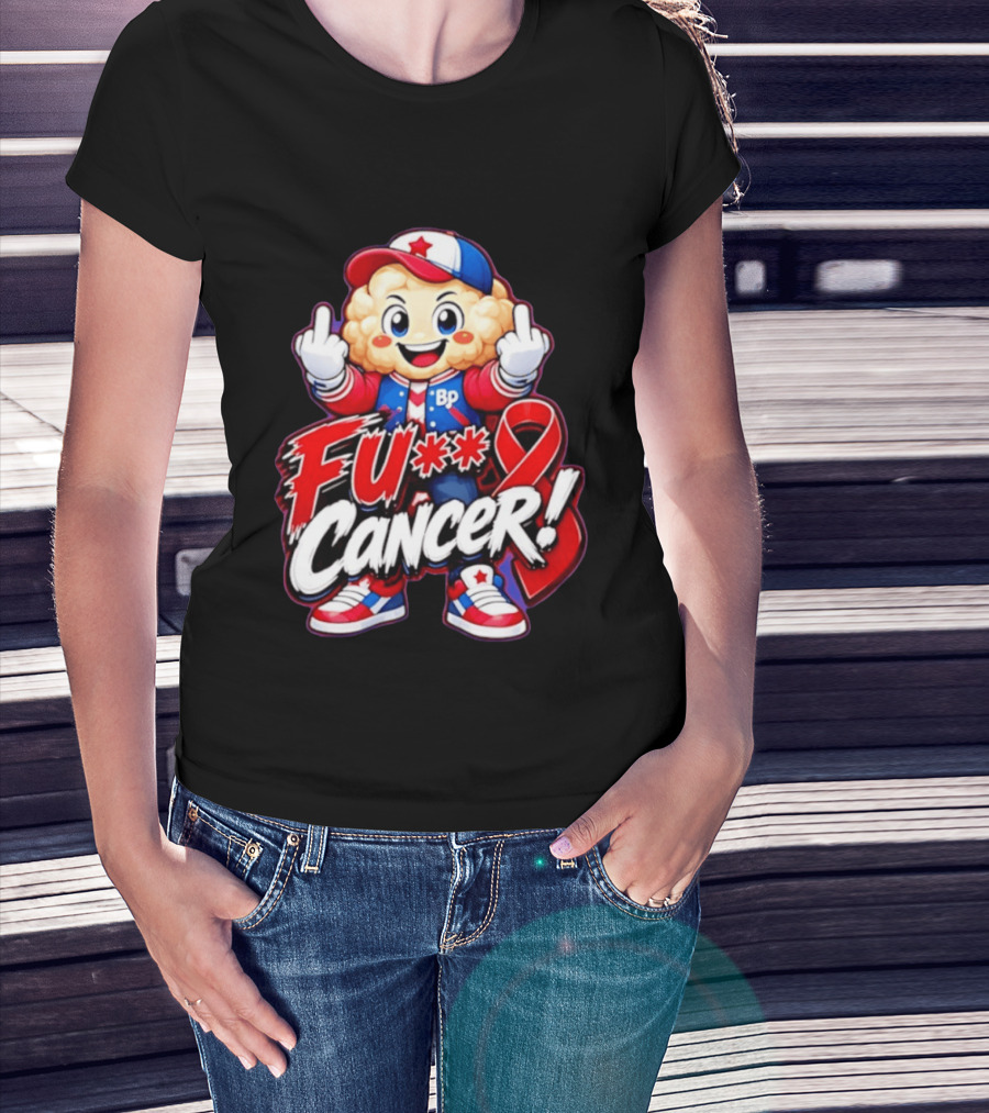 Cancer Awareness With Cauliflower Character And Red Ribbon T-Shirt