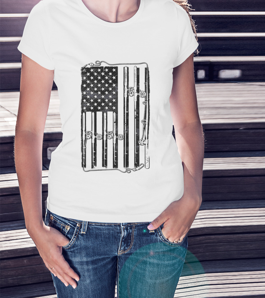 Distressed American Flag Fishing Rod Patriotic USA Angling Stars And Stripes T-Shirt
