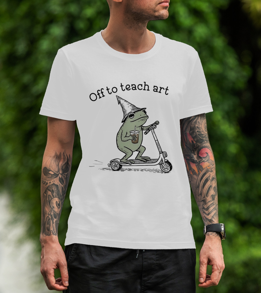 Frog Off To Teach Art With Iced Coffee On Scooter T-Shirt