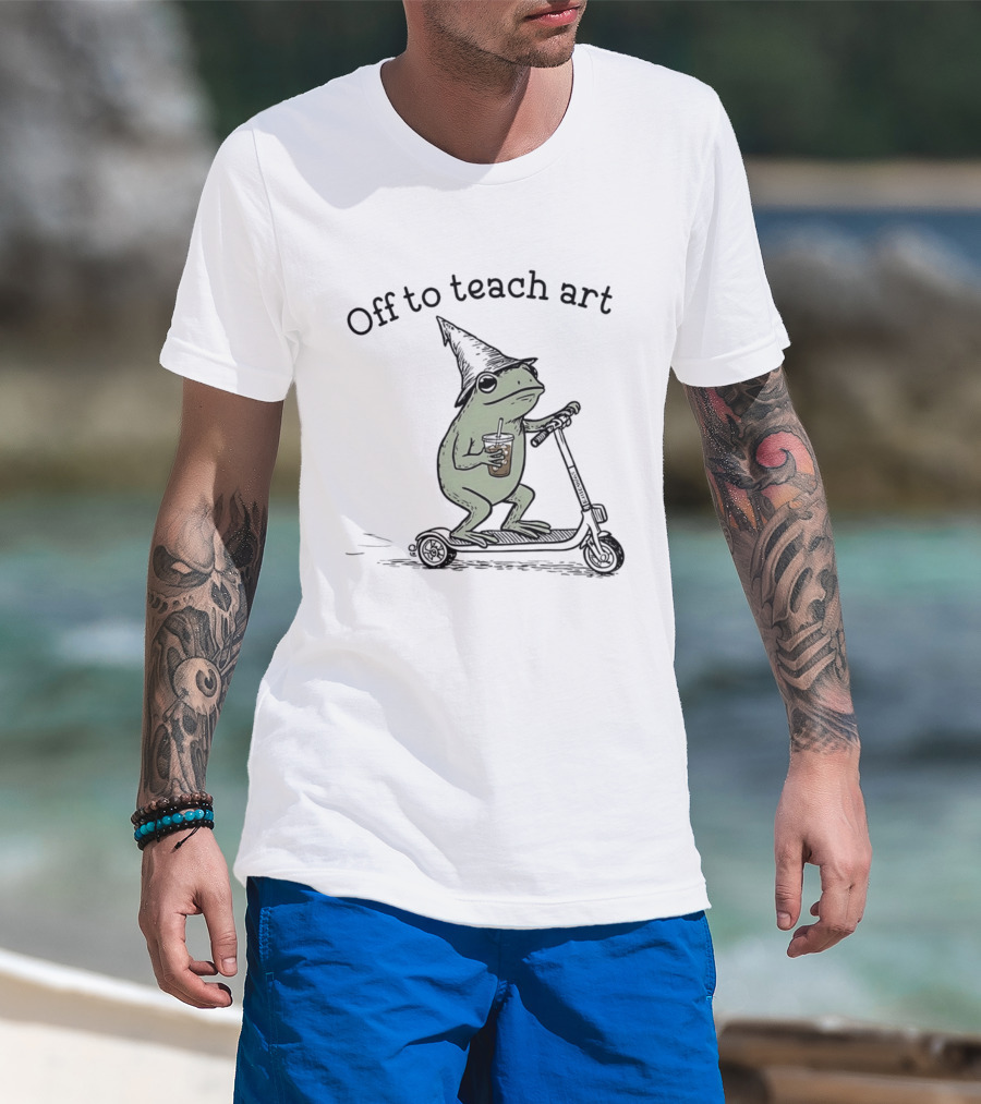Frog Off To Teach Art With Iced Coffee On Scooter T-Shirt