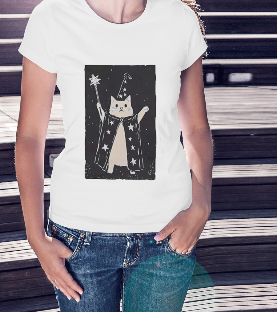 The Magician Cat Tarot Card Wizard Hat Starry Cloak Magic Wand T-Shirt
