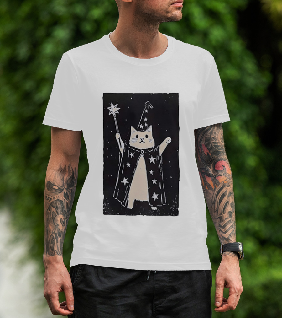 The Magician Cat Tarot Card Wizard Hat Starry Cloak Magic Wand T-Shirt