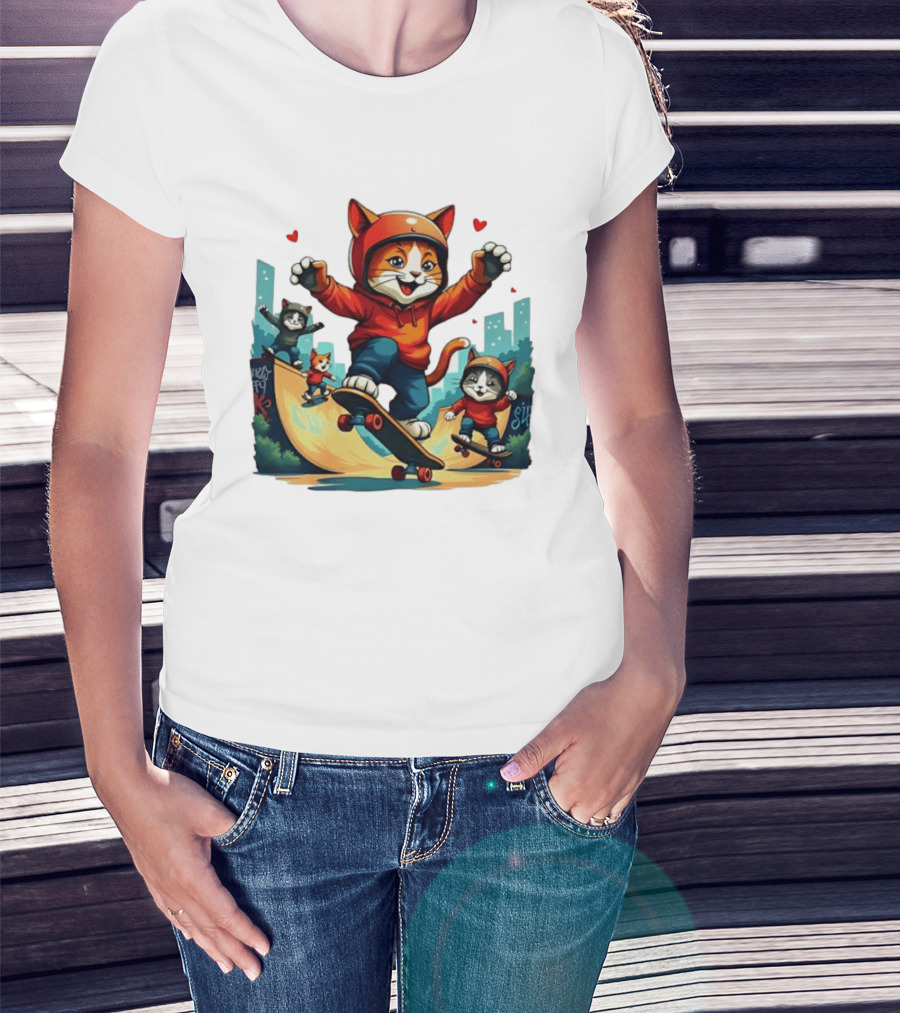 Skateboarding Cats In Helmets With Hearts And Cityscape T-Shirt