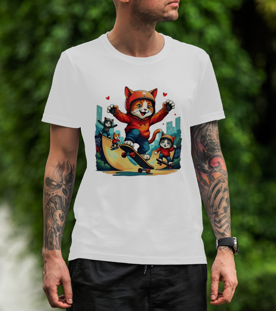 Skateboarding Cats In Helmets With Hearts And Cityscape T-Shirt