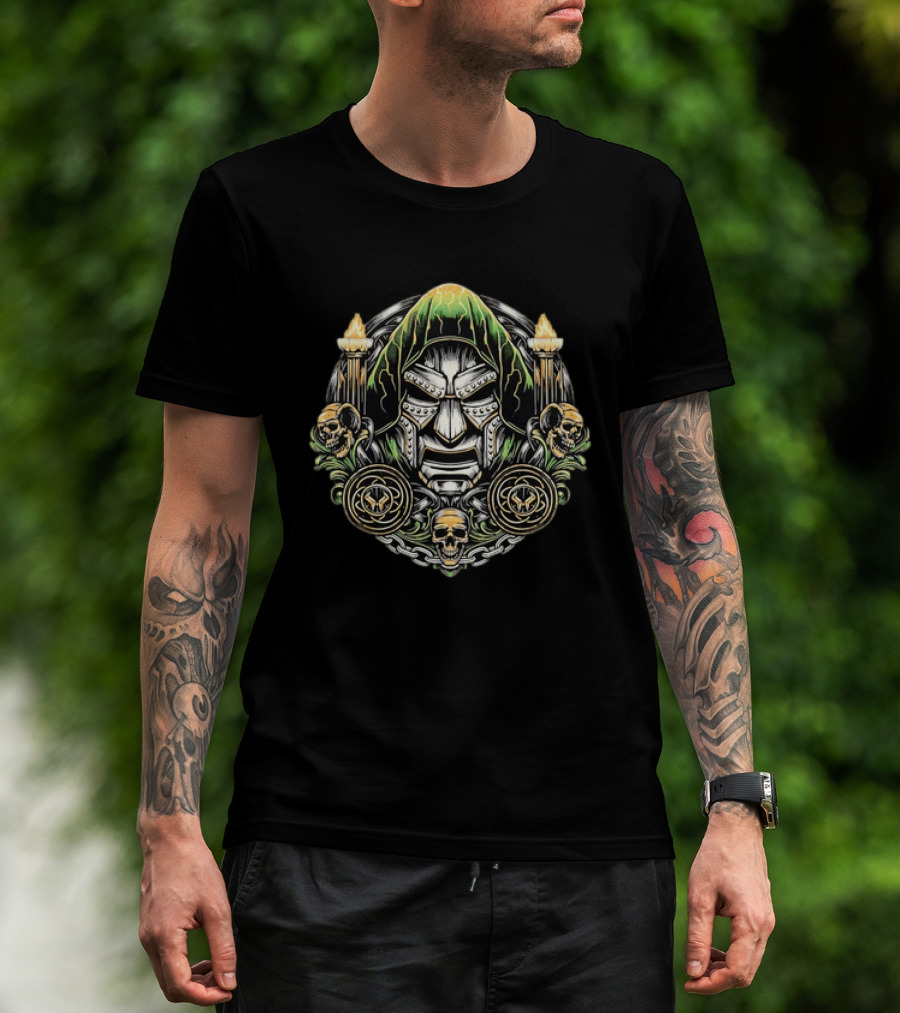 Doctor Doom Mask Skulls Torches T-Shirt