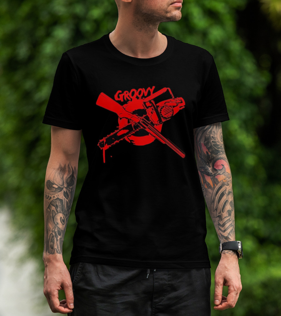 Ash Williams Evil Dead Groovy Chainsaw Shotgun T-Shirt