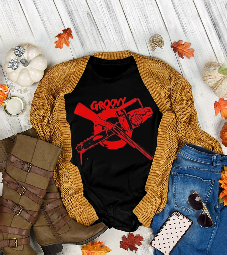 Ash Williams Evil Dead Groovy Chainsaw Shotgun T-Shirt