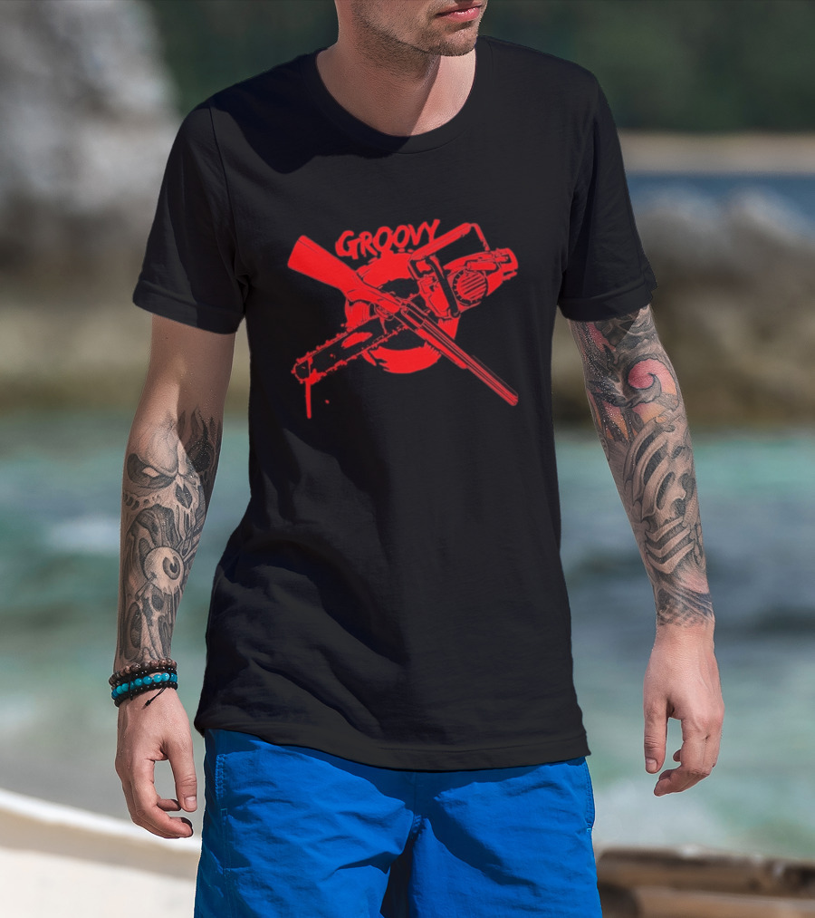 Ash Williams Evil Dead Groovy Chainsaw Shotgun T-Shirt