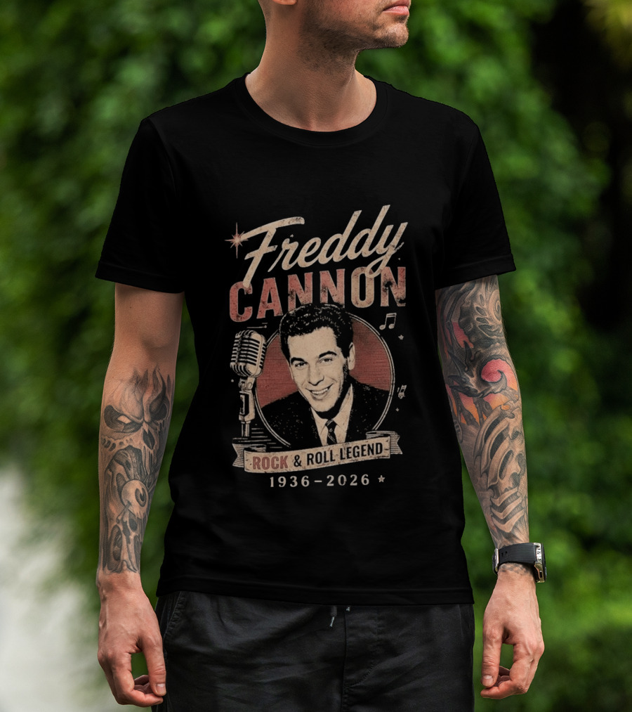 Freddy Cannon Rock & Roll Legend In Loving Memory 1936 2026 Microphone Musical Notes T-Shirt