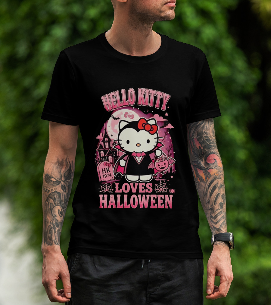 Hello Kitty Loves Halloween Vampire Costume Pink Bats And Haunted House T-Shirt