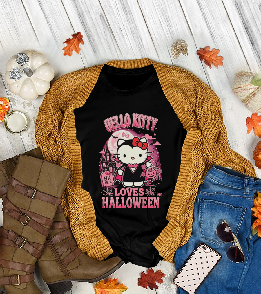 Hello Kitty Loves Halloween Vampire Costume Pink Bats And Haunted House T-Shirt