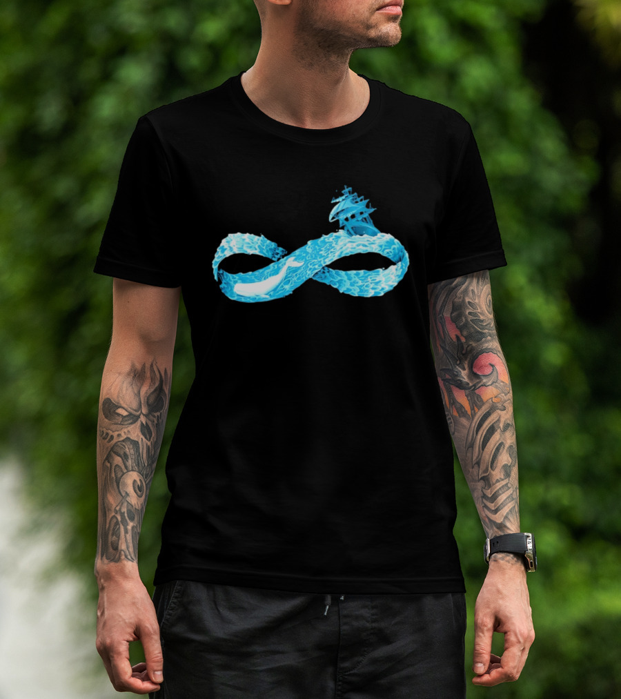 Infinity Symbol With Whale Swimming Beneath Sailing Ship Formed By Ocean Waves T-Shirt
