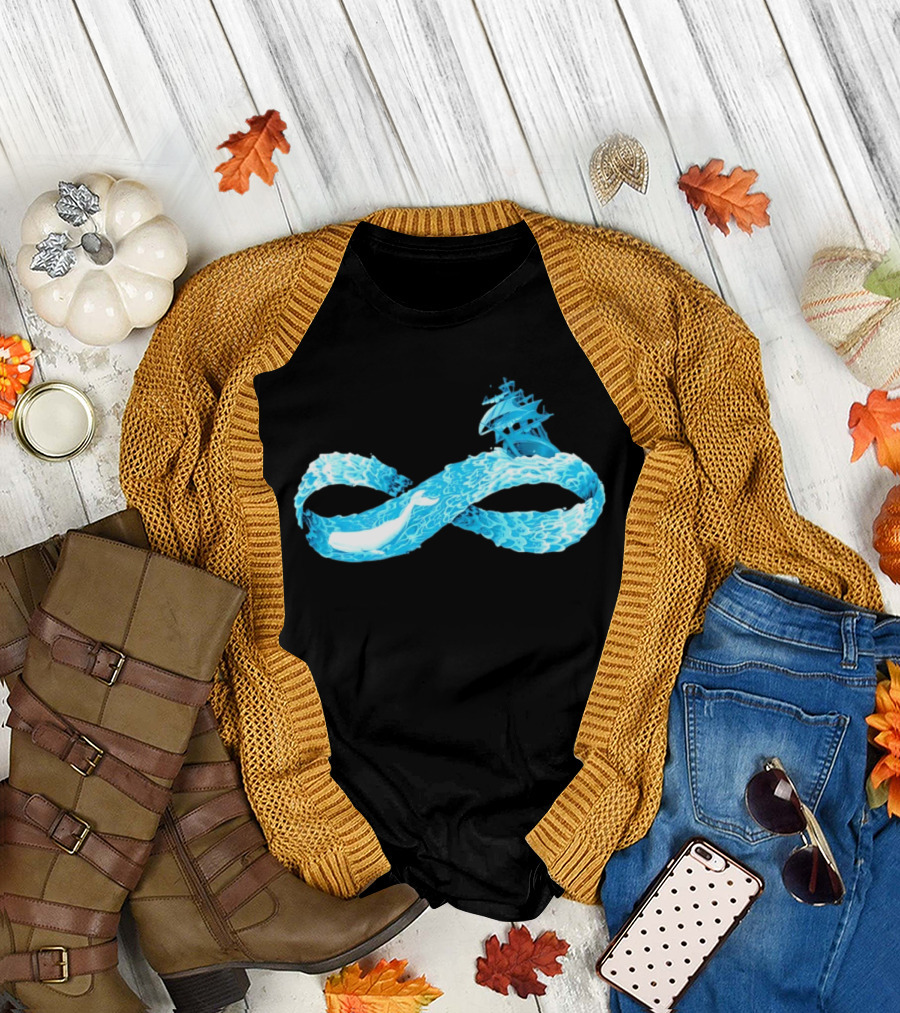 Infinity Symbol With Whale Swimming Beneath Sailing Ship Formed By Ocean Waves T-Shirt