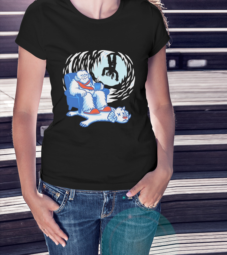 Yeti Relaxing In A Chair With Hot Drink And Abominable Snowman Rug T-Shirt