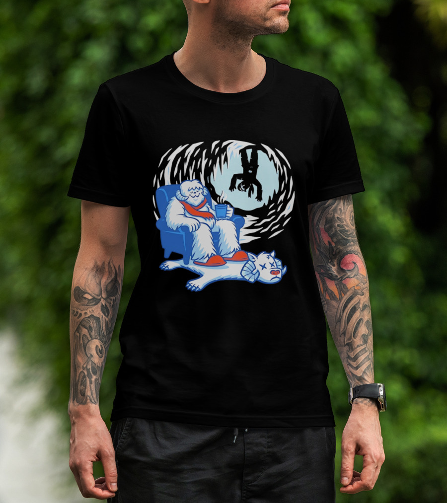 Yeti Relaxing In A Chair With Hot Drink And Abominable Snowman Rug T-Shirt