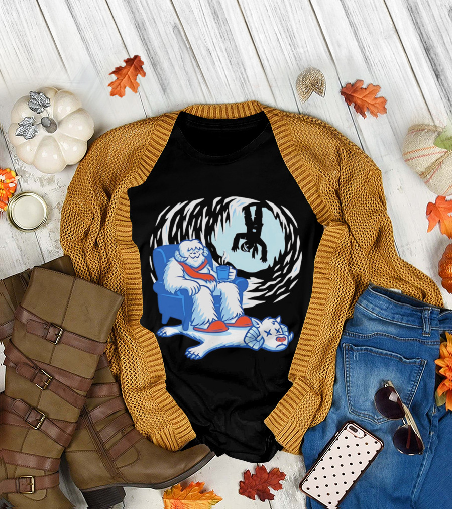 Yeti Relaxing In A Chair With Hot Drink And Abominable Snowman Rug T-Shirt