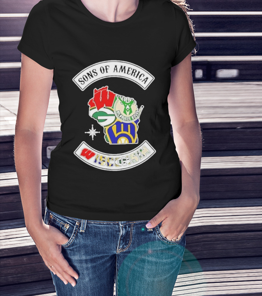 Sons Of America Wisconsin Map Milwaukee Brewers Green Bay Packers Badgers Bucks T-Shirt