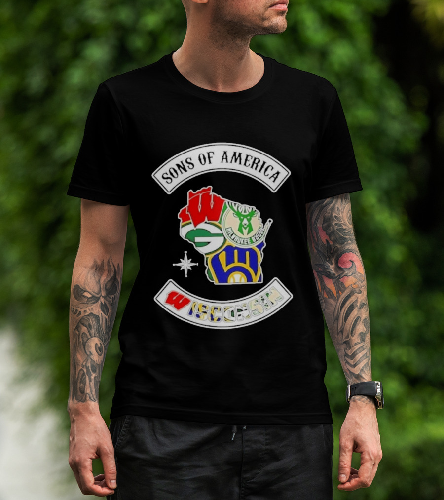 Sons Of America Wisconsin Map Milwaukee Brewers Green Bay Packers Badgers Bucks T-Shirt