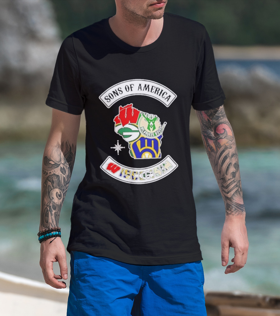 Sons Of America Wisconsin Map Milwaukee Brewers Green Bay Packers Badgers Bucks T-Shirt