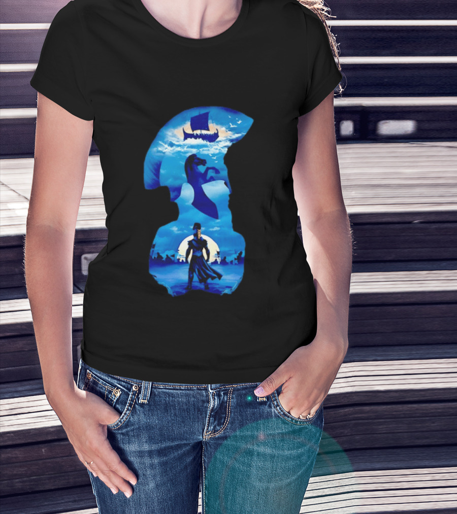 Spartan Warrior With Trojan Horse And Ancient Ship In Mythical Blue Scene T-Shirt