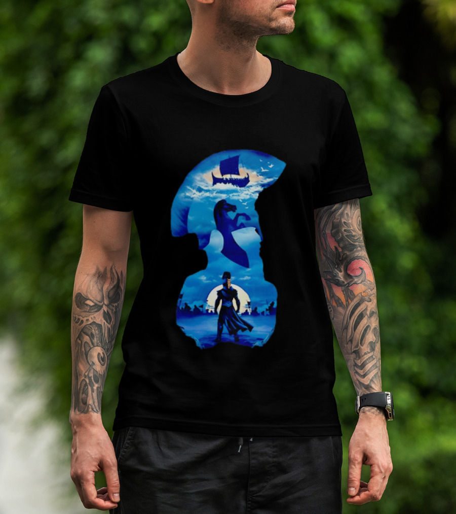 Spartan Warrior With Trojan Horse And Ancient Ship In Mythical Blue Scene T-Shirt