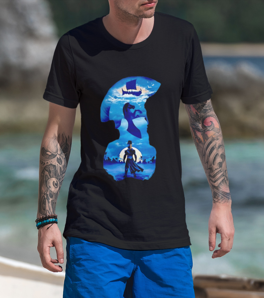 Spartan Warrior With Trojan Horse And Ancient Ship In Mythical Blue Scene T-Shirt