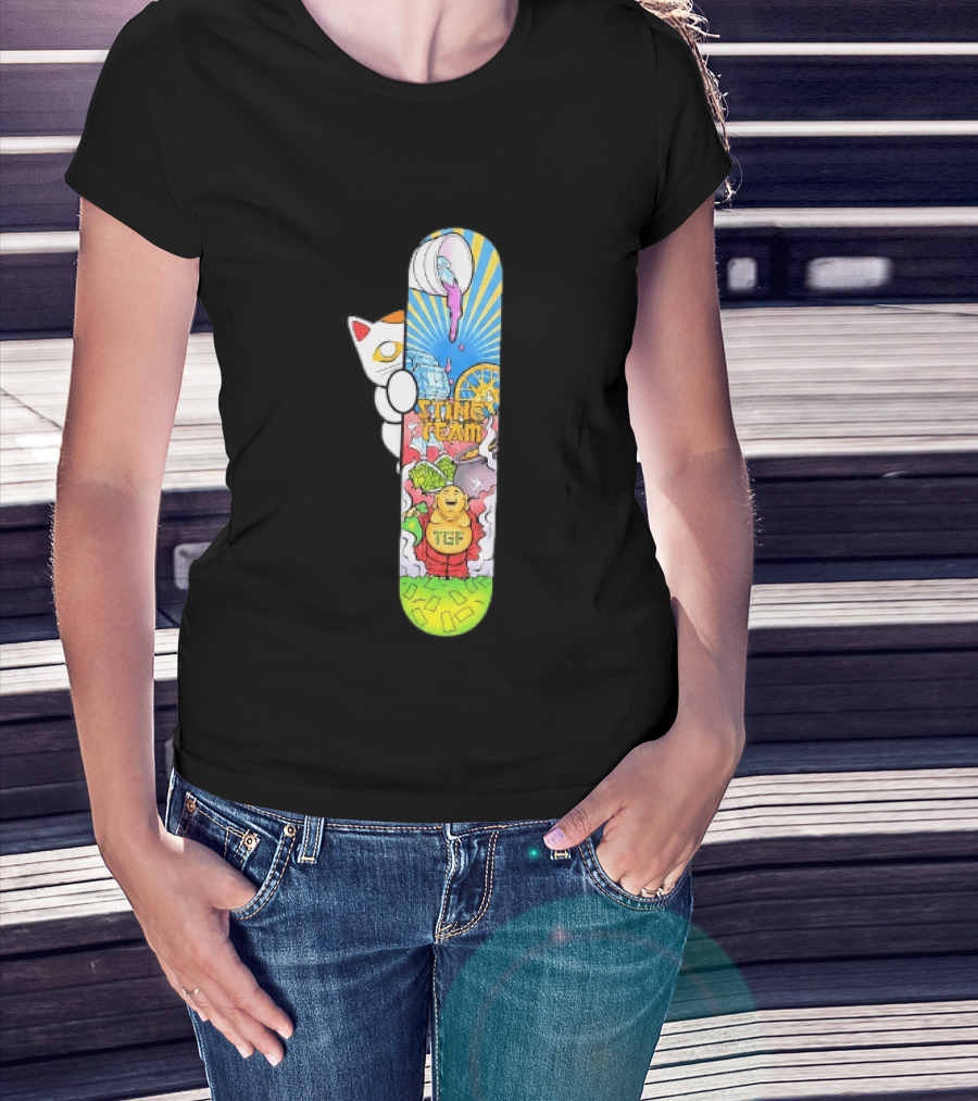 Stinc Team TGF Buddha Cat With Skateboard And Dripping Paint Aesthetic T-Shirt