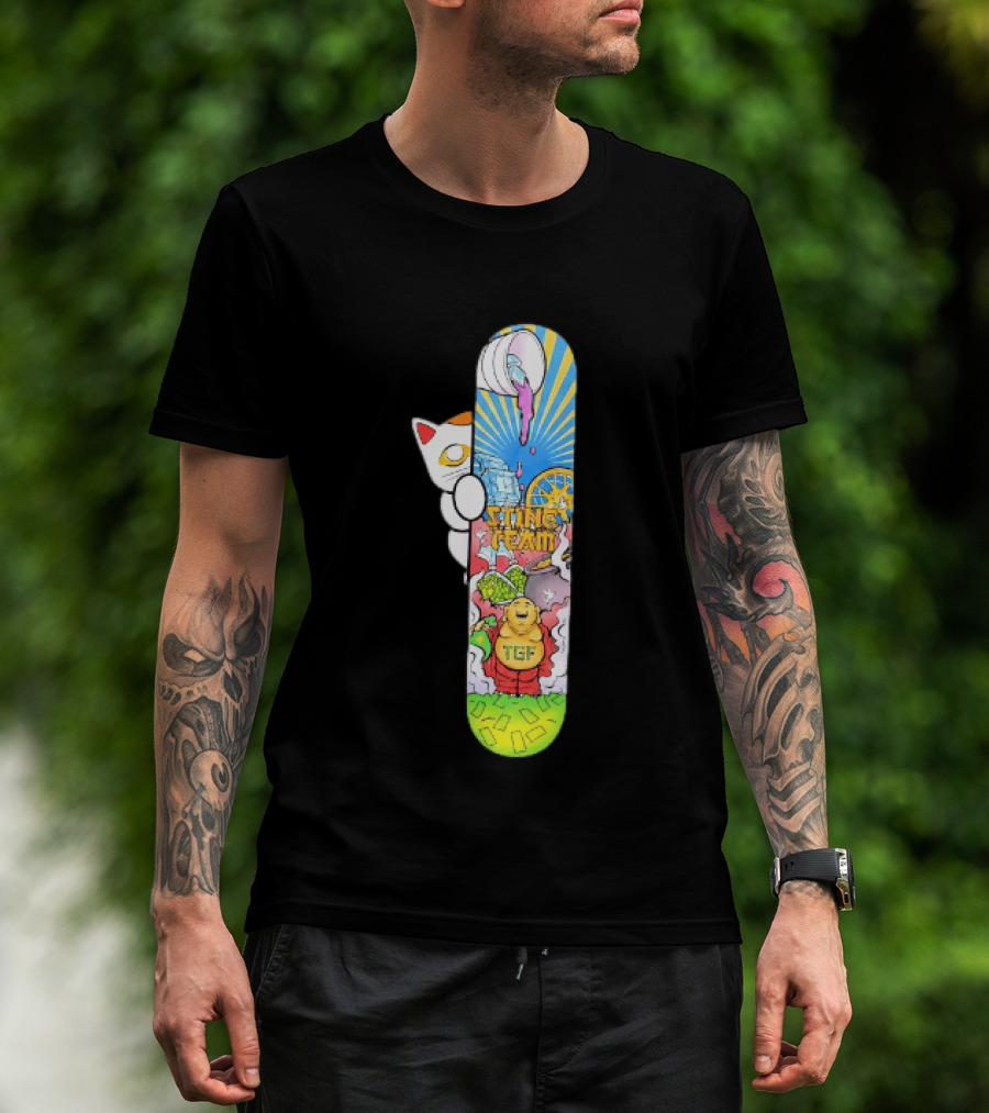 Stinc Team TGF Buddha Cat With Skateboard And Dripping Paint Aesthetic T-Shirt