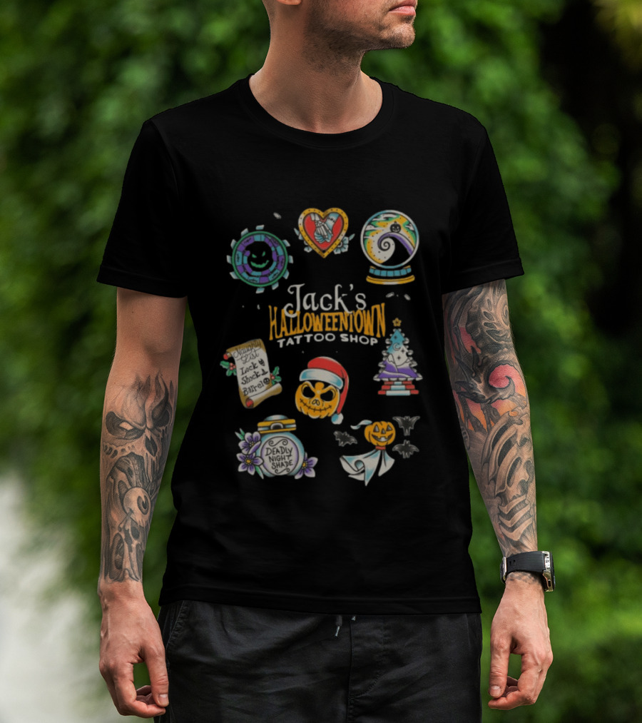 Jack's Halloweentown Tattoo Shop Oogie Boogie Santa Skull Lock Shock Barrel T-Shirt