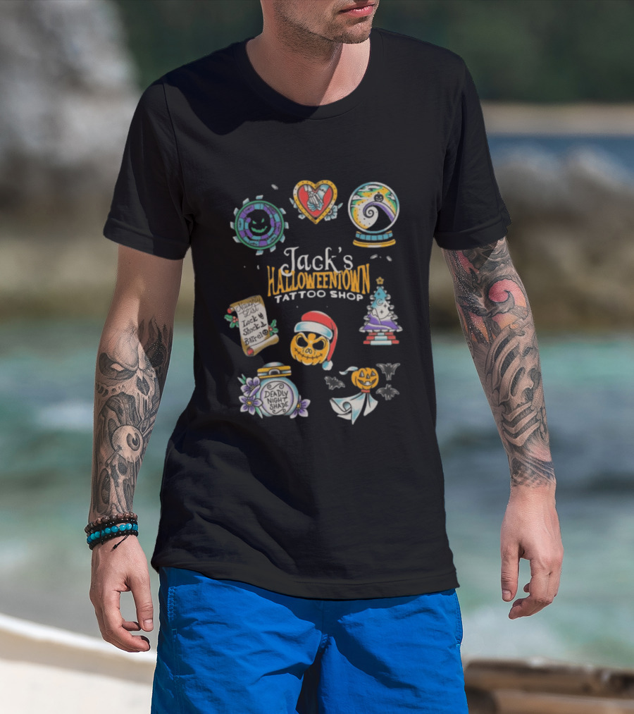 Jack's Halloweentown Tattoo Shop Oogie Boogie Santa Skull Lock Shock Barrel T-Shirt