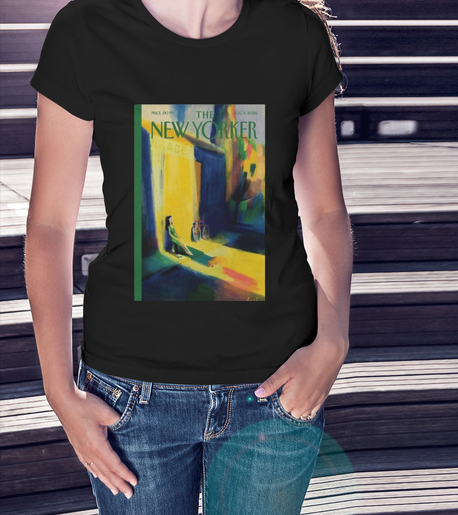 The New Yorker August 3 2026 Pierre Emmanuel Lyet Cover Art Female Figure With Bicycle In Vibrant Alley Scene T-Shirt