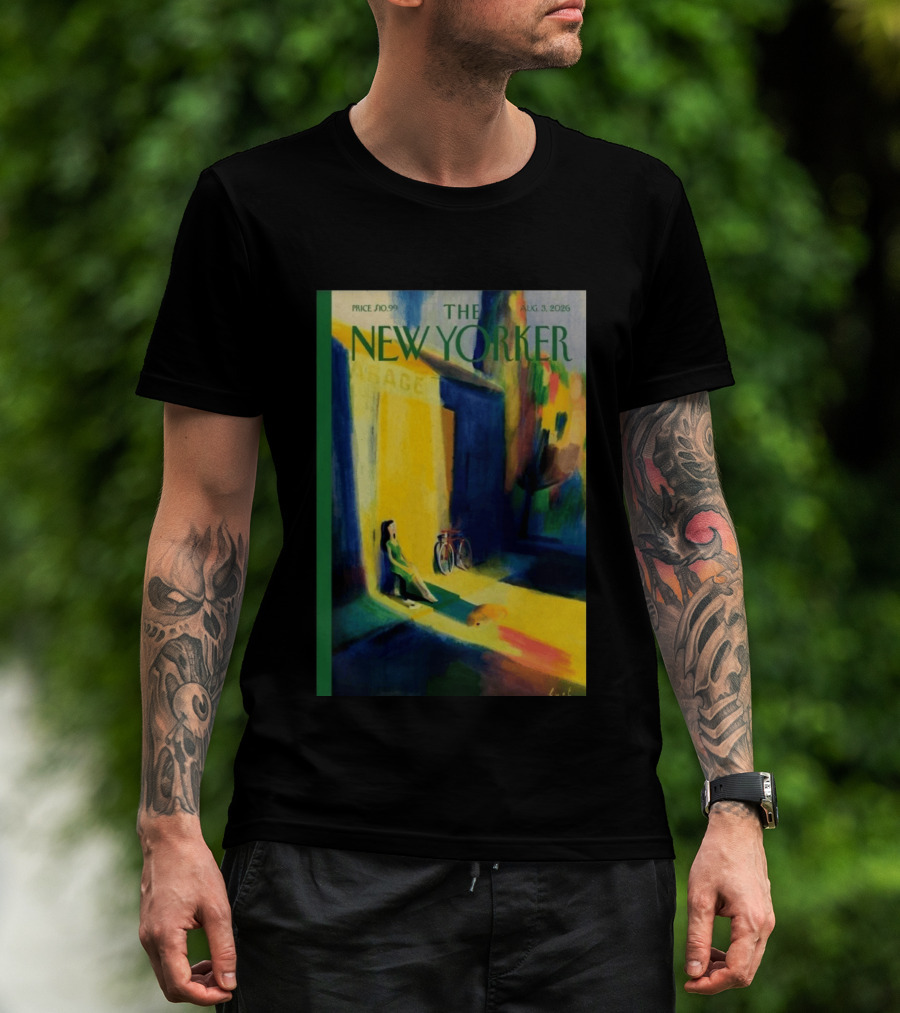 The New Yorker August 3 2026 Pierre Emmanuel Lyet Cover Art Female Figure With Bicycle In Vibrant Alley Scene T-Shirt