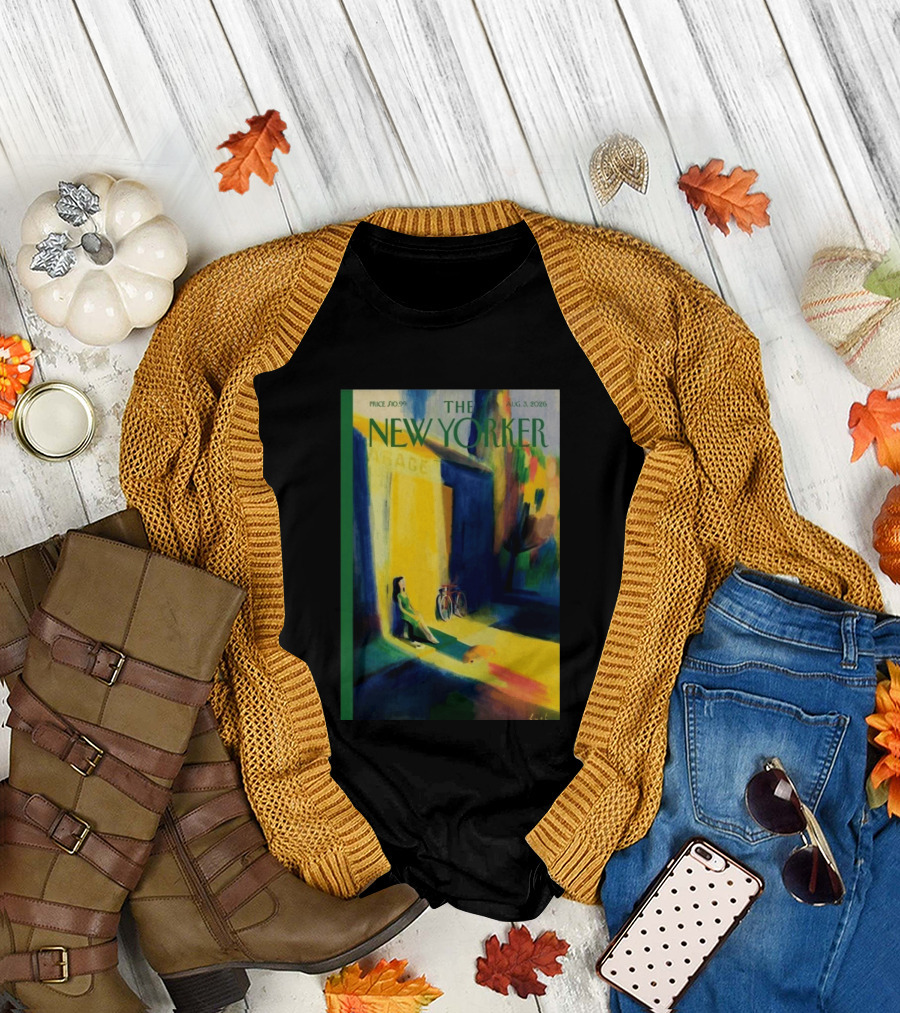 The New Yorker August 3 2026 Pierre Emmanuel Lyet Cover Art Female Figure With Bicycle In Vibrant Alley Scene T-Shirt