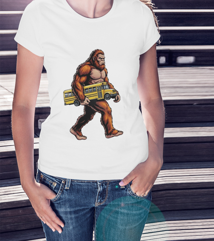 Bigfoot Sasquatch Carrying Yellow School Bus T-Shirt