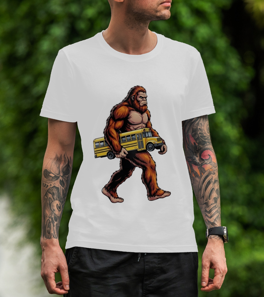 Bigfoot Sasquatch Carrying Yellow School Bus T-Shirt