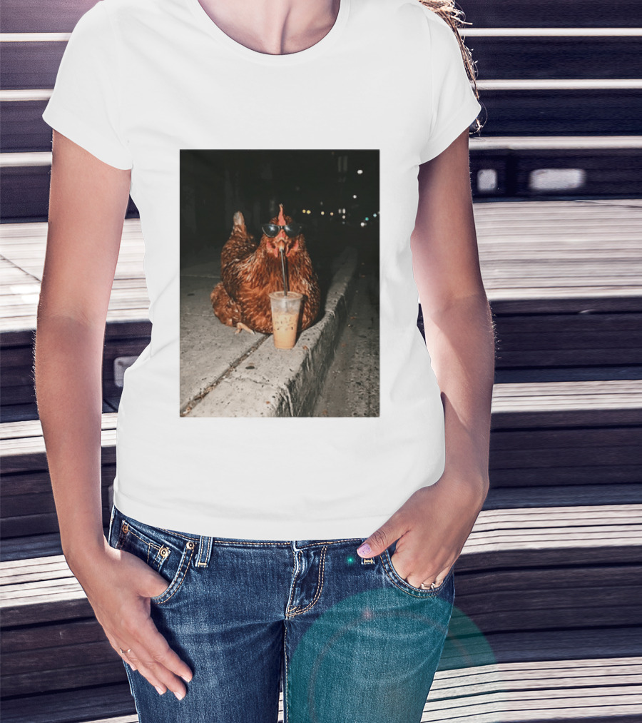 Chicken Wearing Sunglasses Drinking Iced Coffee At Night T-Shirt