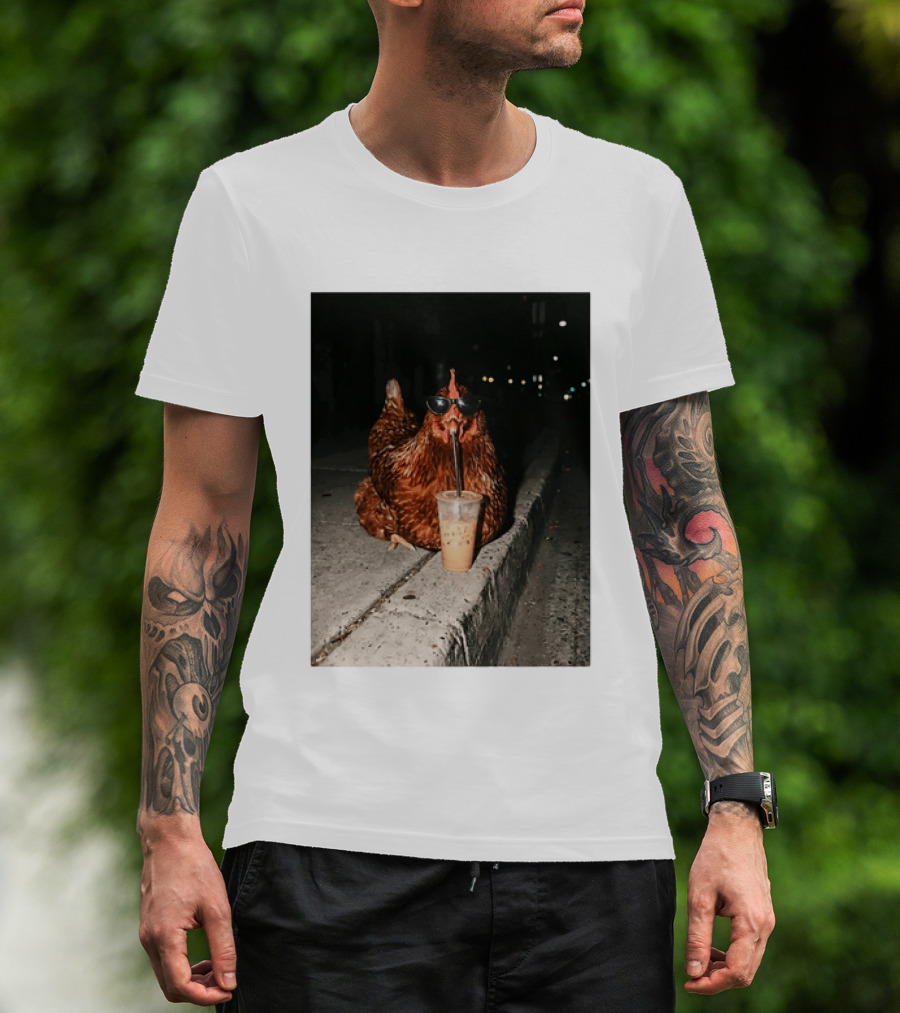 Chicken Wearing Sunglasses Drinking Iced Coffee At Night T-Shirt