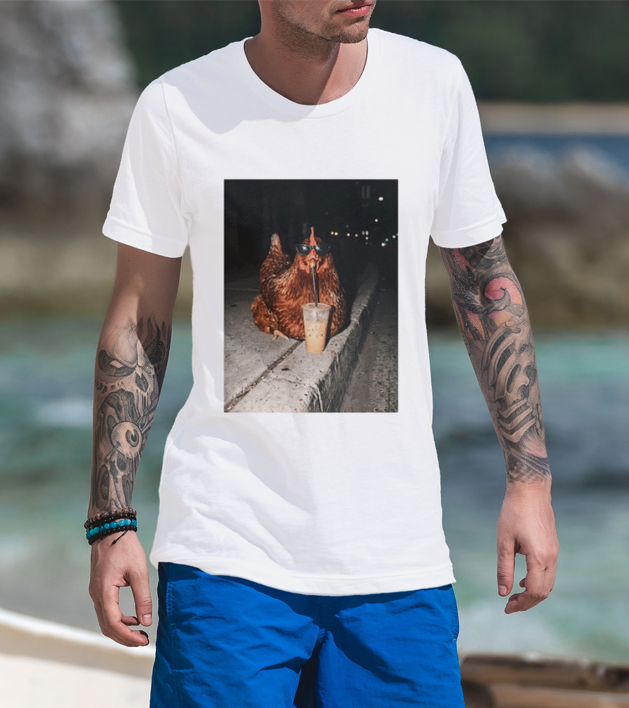 Chicken Wearing Sunglasses Drinking Iced Coffee At Night T-Shirt