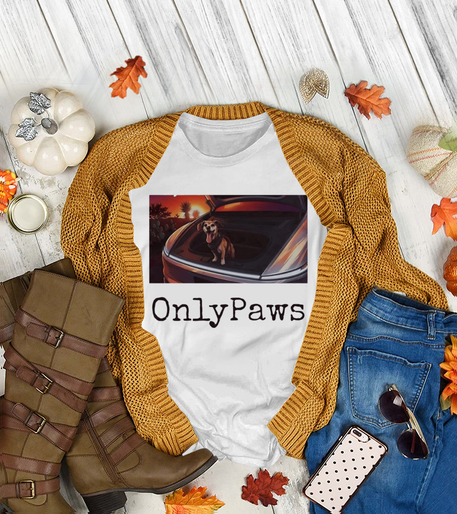 OnlyPaws Dog In Car Trunk At Sunset Desert Scene T-Shirt