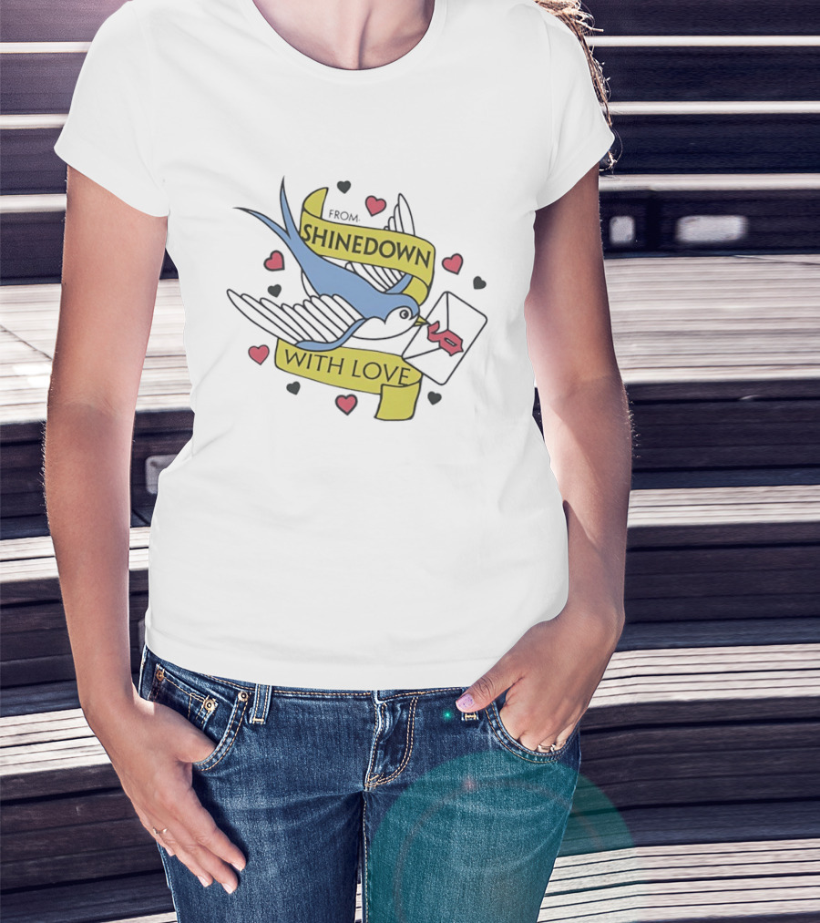 From Shinedown With Love Swallow Bird Carrying Letter Hearts Rock Music T-Shirt
