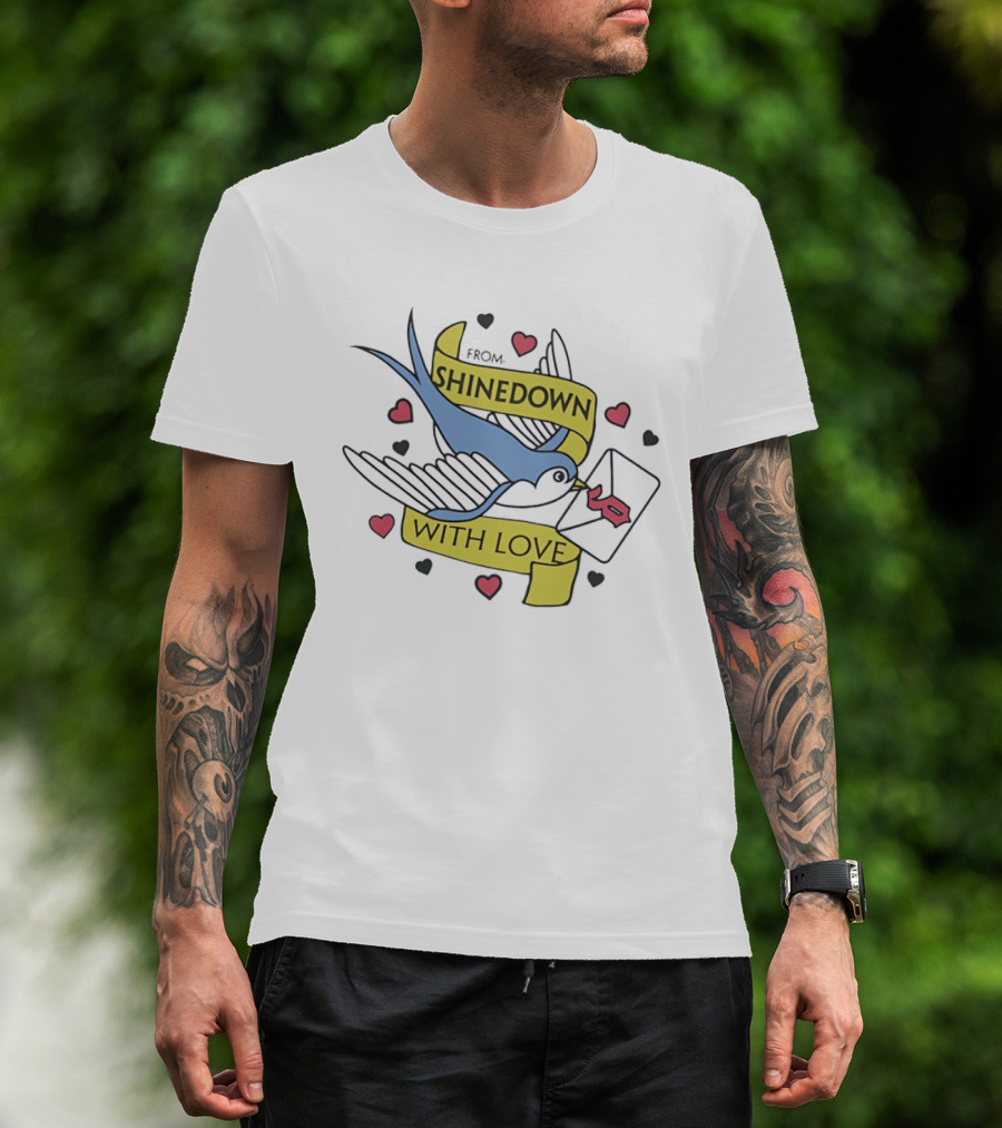 From Shinedown With Love Swallow Bird Carrying Letter Hearts Rock Music T-Shirt