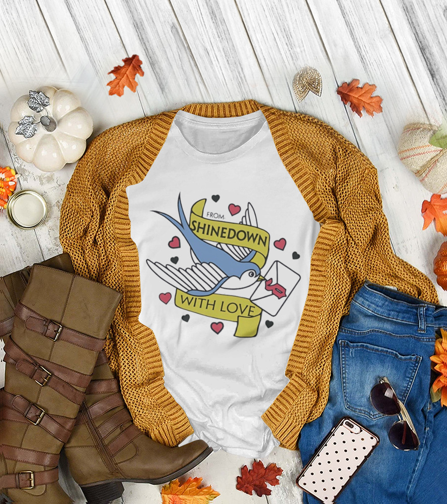 From Shinedown With Love Swallow Bird Carrying Letter Hearts Rock Music T-Shirt